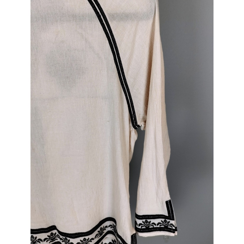 Arynk Cotton Embroidered Peasant Top Womens Small Cream‎ Black Boho Gauze Blouse - Picture 3 of 5